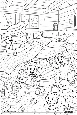 A Roblox-inspired coloring page showing kids building a silly pillow and blanket fort inside a cozy forest cabin, surrounded by snacks, flashlights, ..