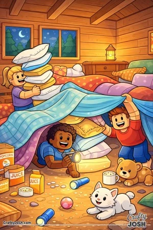 A Roblox-inspired coloring page showing kids building a silly pillow and blanket fort inside a cozy forest cabin, surrounded by snacks, flashlights, ..