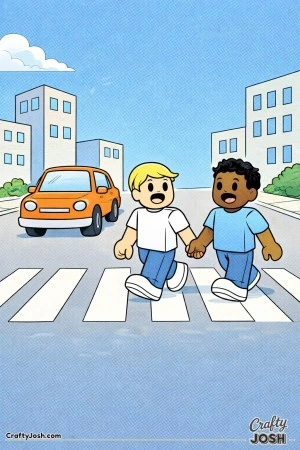 A Roblox-inspired coloring page showing two kids holding hands while safely crossing a quiet city street, with simple buildings and a stopped car ..