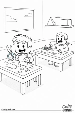A cheerful Roblox-inspired classroom scene showing two blocky students doing crafts at simple desks, with scissors, paper, and crayons, and a clean ..