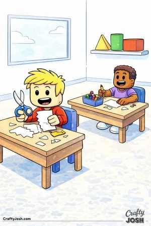 A cheerful Roblox-inspired classroom scene showing two blocky students doing crafts at simple desks, with scissors, paper, and crayons, and a clean ..