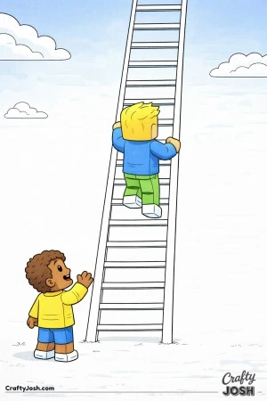 A Roblox-inspired coloring page showing one avatar carefully climbing a tall ladder while another watches from below, set against an open sky for ..