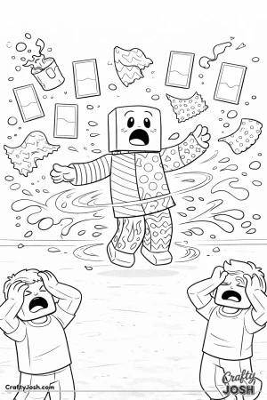 A Roblox-inspired coloring page showing a spinning avatar wearing a wildly clashing outfit while paint splashes and fabric pieces fly, as nearby ..