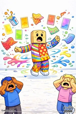 A Roblox-inspired coloring page showing a spinning avatar wearing a wildly clashing outfit while paint splashes and fabric pieces fly, as nearby ..