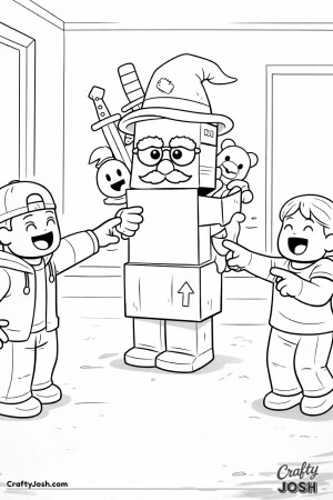 A Roblox-inspired coloring page showing a silly disguise gone wrong, with one kid stacked inside cardboard boxes while friends point and laugh in a ..