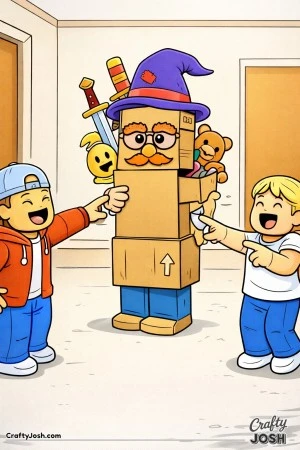 A Roblox-inspired coloring page showing a silly disguise gone wrong, with one kid stacked inside cardboard boxes while friends point and laugh in a ..
