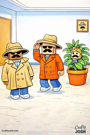 A Roblox-inspired coloring page showing three silly detectives in oversized disguises, including an obvious plant disguise, creating a funny and ..