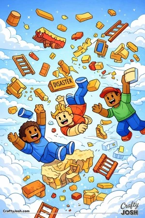 A Roblox-inspired coloring page showing blocky avatars tumbling through the sky as platforms, ladders, and blocks collapse around them in a funny and ..