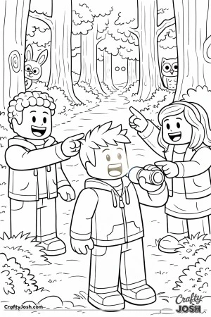 A playful Roblox-inspired scene showing three blocky avatars exploring a forest at night, where one accidentally shines a flashlight on their own ..