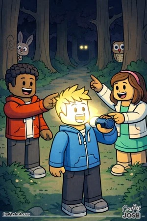 A playful Roblox-inspired scene showing three blocky avatars exploring a forest at night, where one accidentally shines a flashlight on their own ..