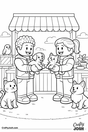 A Roblox-inspired scene showing two smiling blocky avatars at a calm pet trading booth.