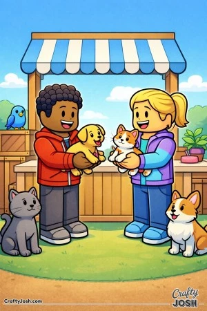 A Roblox-inspired scene showing two smiling blocky avatars at a calm pet trading booth.