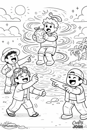 A Roblox-inspired coloring page showing a funny power mix-up on a tropical island, where one kid floats into the air after holding a magical fruit ..