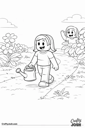 A calm Roblox-inspired garden scene showing a blocky avatar walking along a path with a watering can while a friendly avatar waves from behind a ..