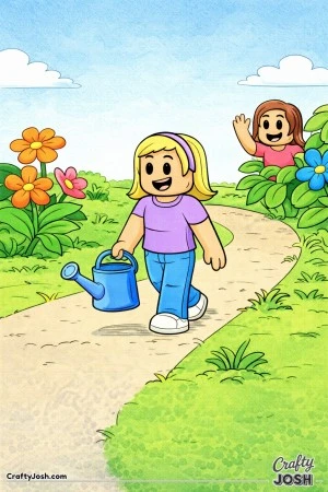 A calm Roblox-inspired garden scene showing a blocky avatar walking along a path with a watering can while a friendly avatar waves from behind a ..