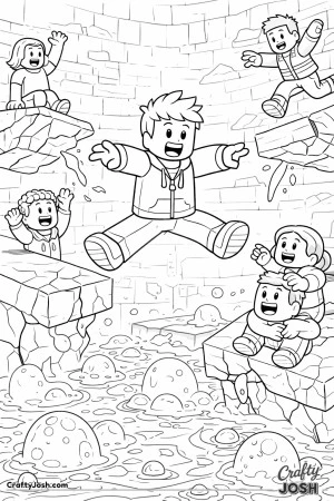 A Roblox-inspired disaster arena scene showing multiple blocky avatars reacting to a silly lava floor challenge, with one character frozen mid-jump ..