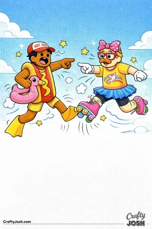 A Roblox-inspired coloring page showing two avatars leaping through the air and pointing at each other in ridiculous costumes, with stars and motion ..