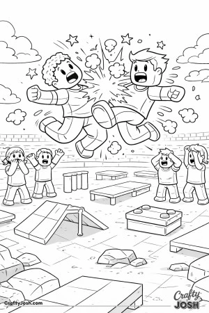 A Roblox-inspired coloring page showing two avatars colliding mid-jump above an obstacle arena while other players react in surprise, creating a fast ..