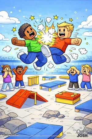 A Roblox-inspired coloring page showing two avatars colliding mid-jump above an obstacle arena while other players react in surprise, creating a fast ..