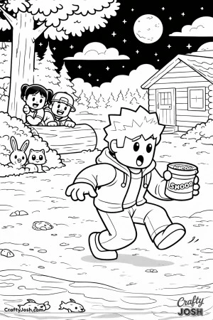 A Roblox-inspired coloring page showing a sneaky midnight snack adventure outside a forest cabin, with one kid tiptoeing dramatically while friends ..