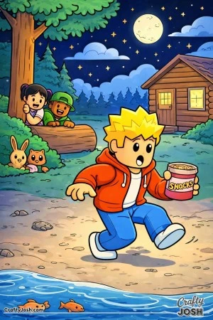 A Roblox-inspired coloring page showing a sneaky midnight snack adventure outside a forest cabin, with one kid tiptoeing dramatically while friends ..