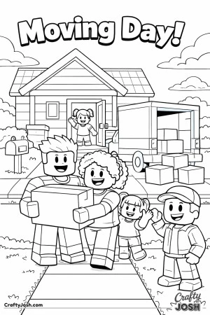 A Roblox-inspired coloring page showing a diverse family carrying boxes into a new home while a friendly neighbor waves, capturing a happy and ..