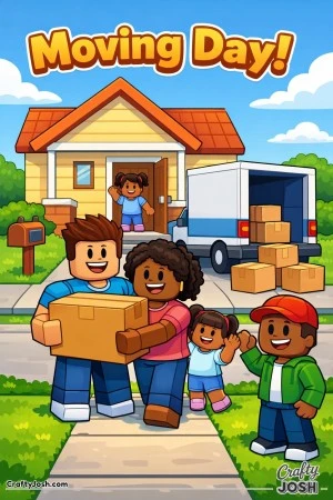 A Roblox-inspired coloring page showing a diverse family carrying boxes into a new home while a friendly neighbor waves, capturing a happy and ..