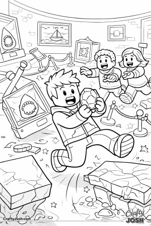 A silly Roblox-inspired museum scene where a blocky avatar slips while clutching a collectible, as two friends chase behind and display cases and ..