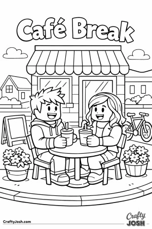 A friendly Roblox-inspired scene showing two blocky avatars relaxing at an outdoor neighborhood café, sitting at a small table with drinks, flower ..