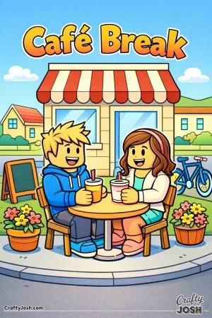 A friendly Roblox-inspired scene showing two blocky avatars relaxing at an outdoor neighborhood café, sitting at a small table with drinks, flower ..