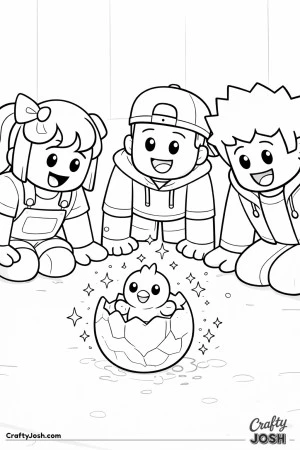A Roblox-inspired coloring page showing three excited kids gathered around a cracked egg as a tiny pet hatches, capturing a fun moment of surprise ..