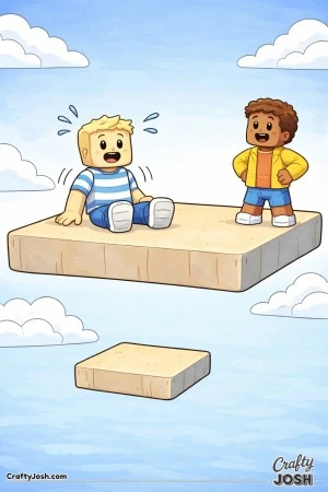 A Roblox-inspired coloring page showing one avatar accidentally sitting on a floating platform while a friend waits nearby, creating a gentle and ..