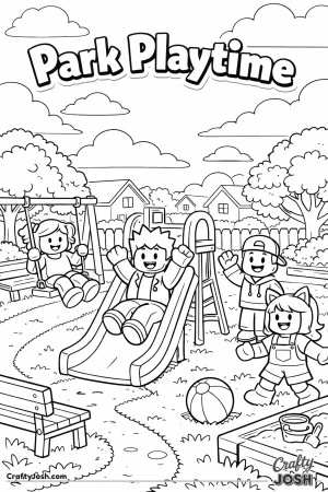 A fun Roblox-inspired coloring page showing kids playing together at a neighborhood park with a slide, swings, trees, and houses in the background, ..