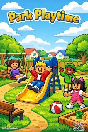 A fun Roblox-inspired coloring page showing kids playing together at a neighborhood park with a slide, swings, trees, and houses in the background, ..