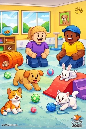 A Roblox-inspired coloring page showing a cheerful pet daycare playroom where friendly caretakers supervise playful pets running, jumping, and ..