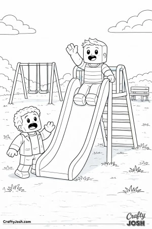 A Roblox-inspired coloring page showing two friends enjoying a simple playground, with one avatar at the top of a slide and another waiting below in ..