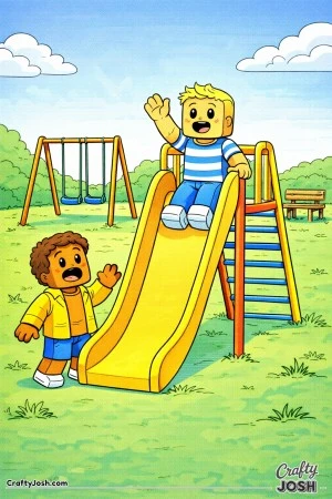 A Roblox-inspired coloring page showing two friends enjoying a simple playground, with one avatar at the top of a slide and another waiting below in ..