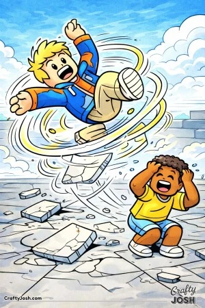 A funny Roblox-inspired action scene where an overconfident avatar spins wildly out of control mid-air, while another avatar ducks and laughs as ..