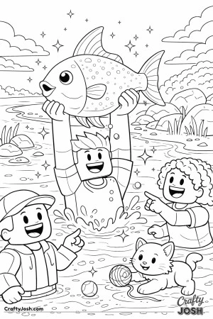 A Roblox-inspired coloring page showing a group of excited avatars discovering a rare fish at the shoreline, celebrating a surprising and joyful ..