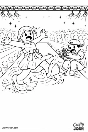 A Roblox-inspired coloring page showing a funny runway mishap, where a model in oversized shoes slips mid-walk while a photographer scoots backward ..