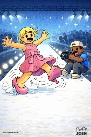A Roblox-inspired coloring page showing a funny runway mishap, where a model in oversized shoes slips mid-walk while a photographer scoots backward ..