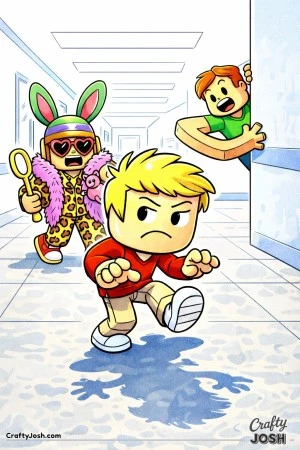 A silly Roblox-inspired hallway scene where a big-headed avatar tiptoes dramatically while an outrageously dressed sneaky friend and a long-armed ..