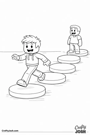 A simple Roblox-inspired scene showing two blocky avatars crossing big round stepping stones, with one character walking forward and another waiting ..