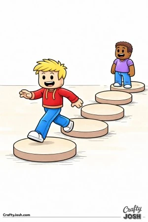 A simple Roblox-inspired scene showing two blocky avatars crossing big round stepping stones, with one character walking forward and another waiting ..