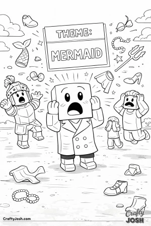 A Roblox-inspired coloring page showing avatars reacting in surprise as an outfit theme is revealed, with flying accessories and exaggerated ..