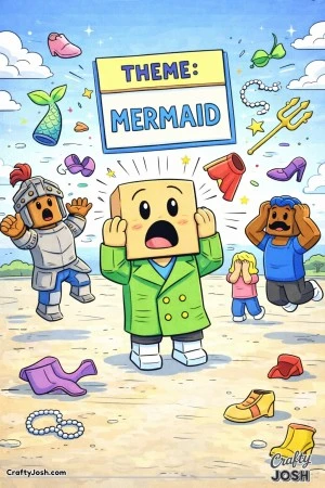 A Roblox-inspired coloring page showing avatars reacting in surprise as an outfit theme is revealed, with flying accessories and exaggerated ..