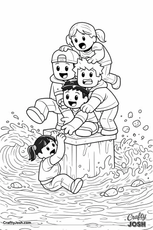 A Roblox-inspired coloring page showing a group of kids crowded onto a tiny safe platform, balancing and climbing on each other while waves and lava ..