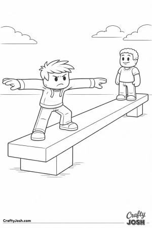 A funny Roblox-inspired scene showing a blocky avatar inching carefully across a low balance beam with arms stretched wide, while another avatar ..
