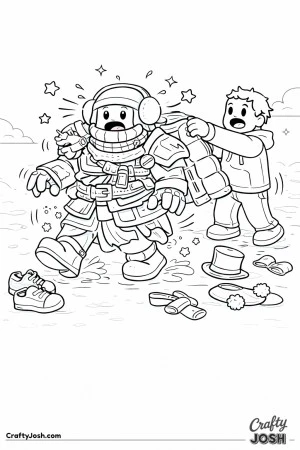 A Roblox-inspired coloring page showing a kid buried under an absurd number of clothing layers while a friend adds even more, with scattered shoes ..