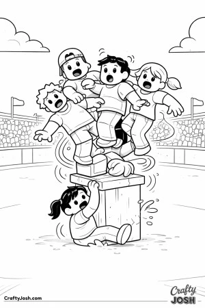 A Roblox-inspired coloring page showing a crowded group of kids struggling to balance on a tiny arena platform, with funny slips, wobbles, and ..